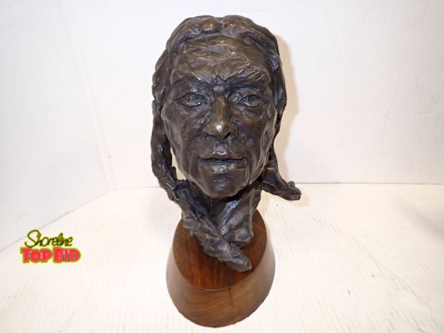Lot 59-10135 - Signed, Bronze Sculpture Native American by Michael Wade, Buffalo Bronze Works 1983 - 10/10 on Wood ...