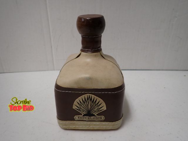 Lot 59-21517 - Vintage Collectible Square Tequila Bottle Wrapped in Two-Tone Brown &amp; Tan Leather, Wood Stopper,...