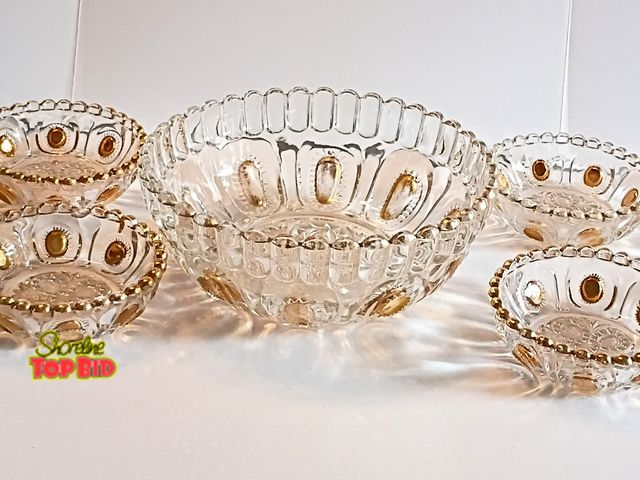 Lot 59-10208 - Early American Pressed Glass (EAPG) berry bowl set in the "New Jersey" (Loops and Drops) pattern, ma...