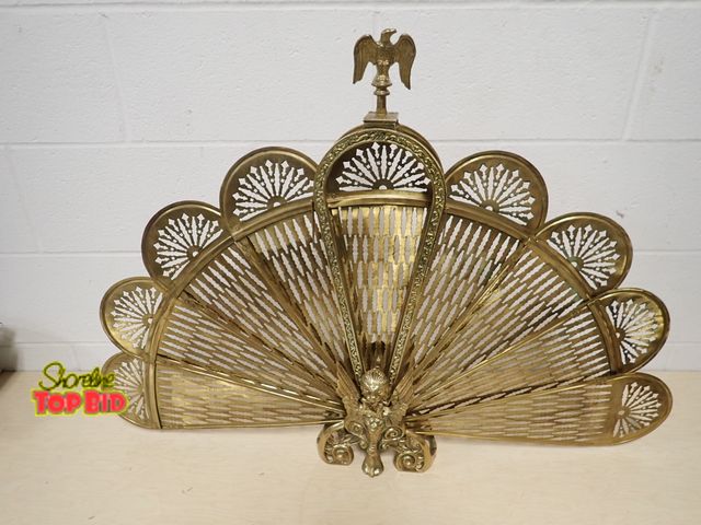 Lot 59-14431 - 1920s Solid Brass Gargoyle Based "Peacock" Fanning Fireplace Screen Double Sided with Eagle Brass Fi...