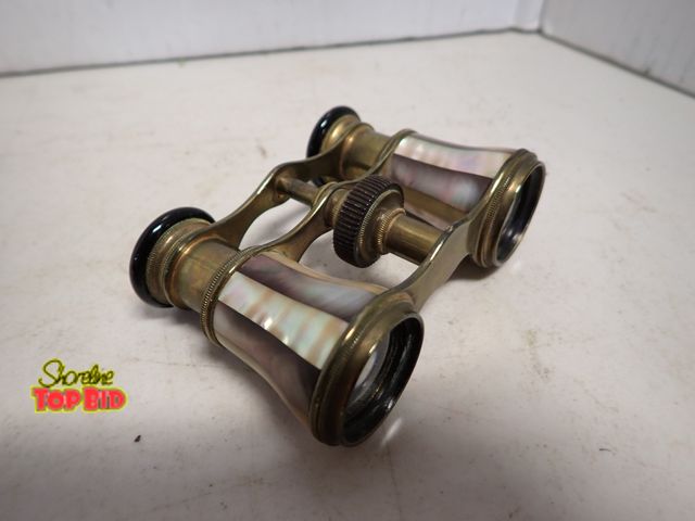Lot 59-14273 - Authentic French Antique Opera Glasses Brass Frame Adorned with Mother-of-Pearl Inlays, Rose &amp; G...