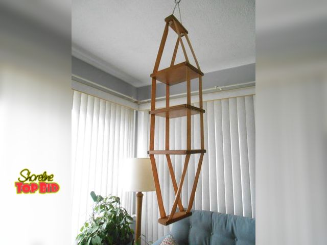 Lot 59-74293 - Vintage MCM Mid Century Modern Hanging Rope Wood Plant Floating Shelf - Too Cool!