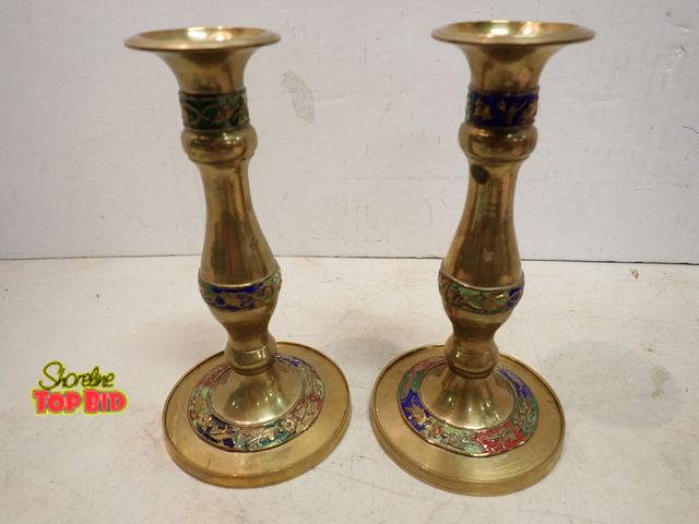 Lot 59-14682 - Art Decor Brass Candlestick Set with Detailed Enamel Work Accents 7 1/2" tall