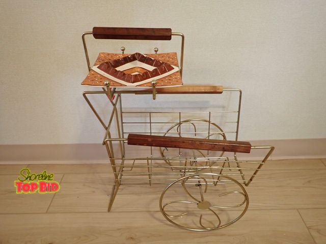Lot 59-43095 - Mid-Century Metal Wire Wood Handle Magazine Rack Cart, Complete with Mid-Century Ashtray