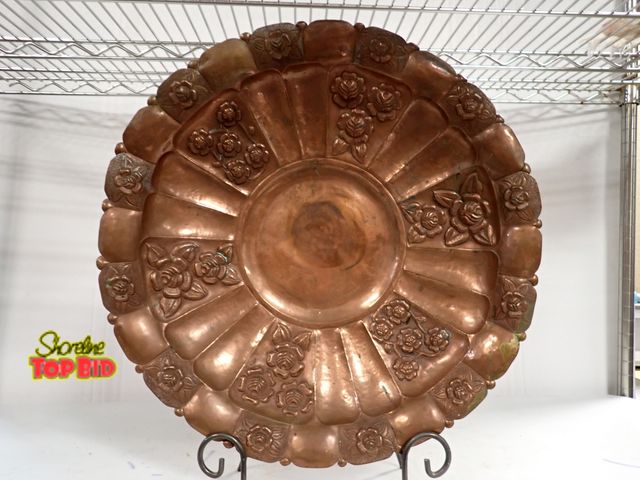 Lot 59-14150 - 18 1/2" Diameter Heavy Gauge Copper, Hand Hammered Centerpiece Bowl with Embossed Roses Hand Etched
