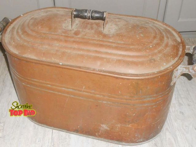 Lot 59-74269 - Antique Vintage Primitive Copper Wash Tub Boiler Cooker with Wood Handles &amp; Lid