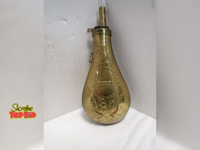 Lot 59-10403 - Antique Civil War U.S. Brass Powder Flask 1860s Embossed Design, Still Has Powder Inside