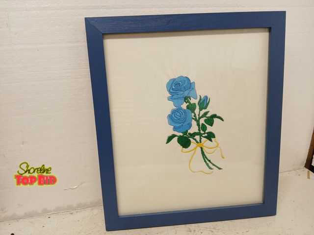 Lot 59-71009 - Picture Embroidered Flower blue rose 16x14 lovely condition wall hanging