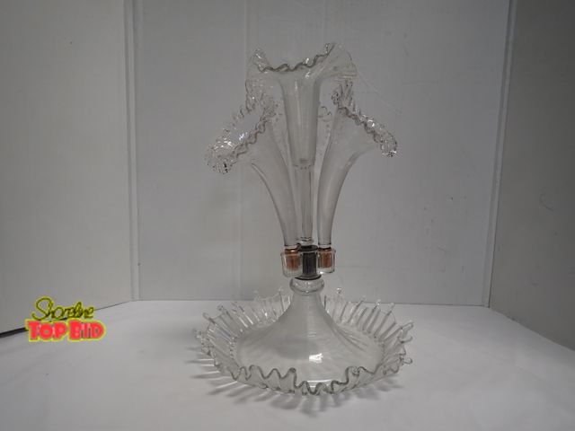 Lot 59-14042 - Antique L.G. Wright Fenton Clear Glass 4 Horn Epergne 17" tall, Base is 12", Very Rare Find! Splash ...