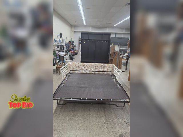 Lot 59-95011 - OFFSITE  Wicker hide a bed couch, Autumn fallen leaf pattern. Needs queen size mattress 74 in wide  ...