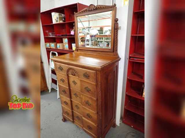 Lot 59-24069 - Beautiful Victorian 5-Drawer Dresser Chest with Attached Beveled Mirror &amp; Hand Tooled Accent Tri...