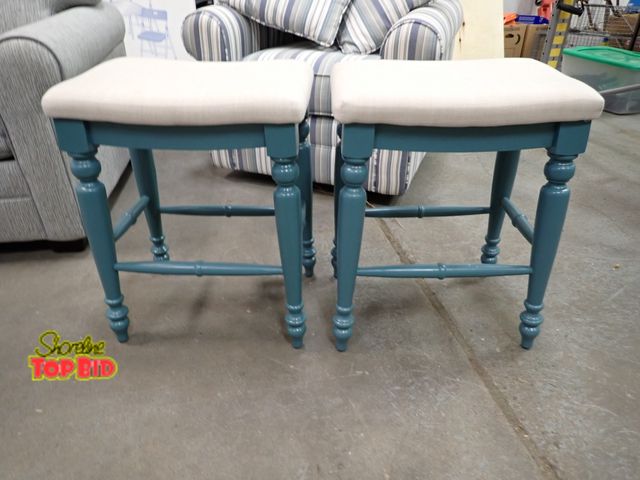 Lot 59-21036 - Pair of Backless Counter Stools, Antique Blue Wood Finish with a Plush Off-White Upholstered Seat