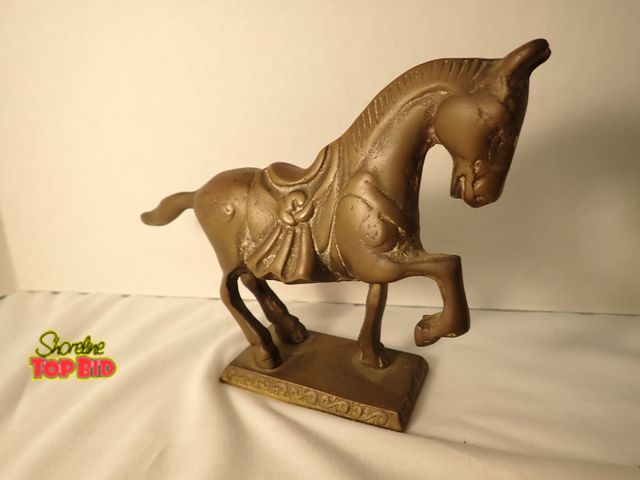 Lot 59-21161 - 1970s Solid Brass/Bronze Tang Dynasty-Style Prancing War Horse Statue on Platform 7" long x 5 1/2" t...