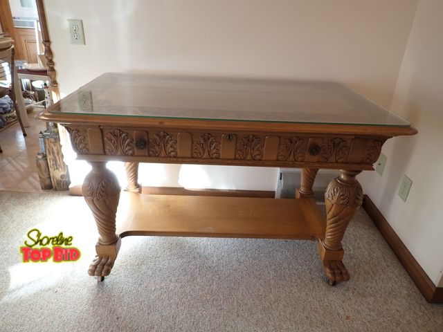 Lot 59-39249 - Antique Renaissance Revival Carved Walnut Console/Library Table with One Drawer and Paw Feet on Wood...