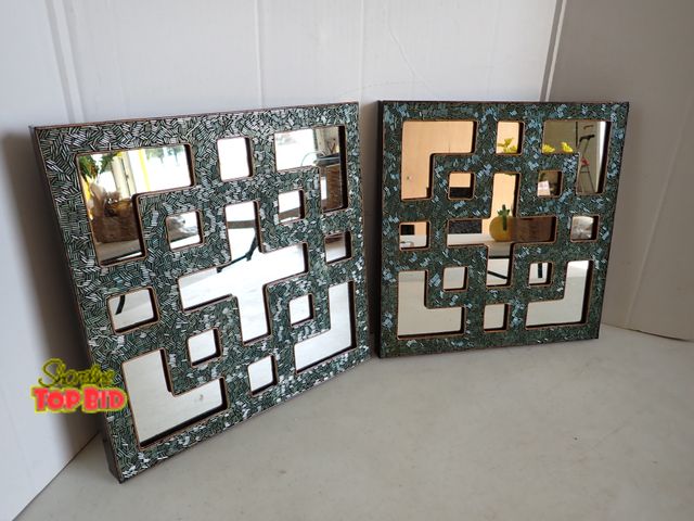 Lot 59-20029 - Beautiful Pair of Wall Hangings - measuring 14" x 14". Greenish, Blueish color with a mirror in the ...
