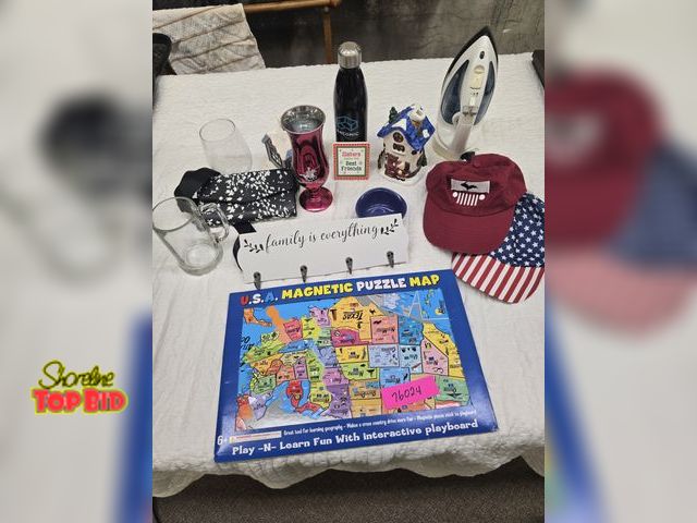 Lot 59-76024 - Miscellaneous items, glasses, vases, iron,hats, magnetic puzzle map