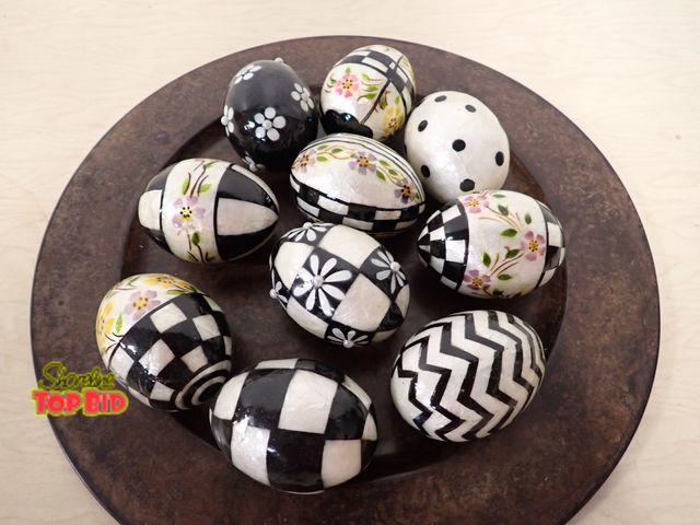 Lot 59-43962 - 10 Mackenzie Childs Capiz Easter Eggs. These decorative eggs are crafted from Capiz shell and featur...