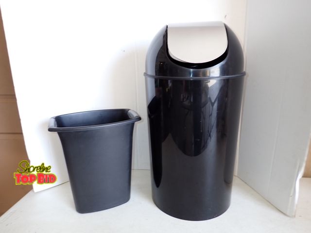 Lot 59-20026 - Black Umbra Trash Can with Lid - Silver and Black 13" diameter x 19" tall. Plus, Black with Silver H...
