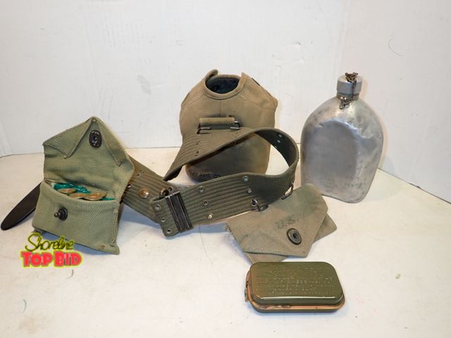 Lot 59-14639 - WWII 1941-44 Military Belt with Canteen 1942 with Canvas Holder &amp; First Aid Kit, Shell Holder w/...