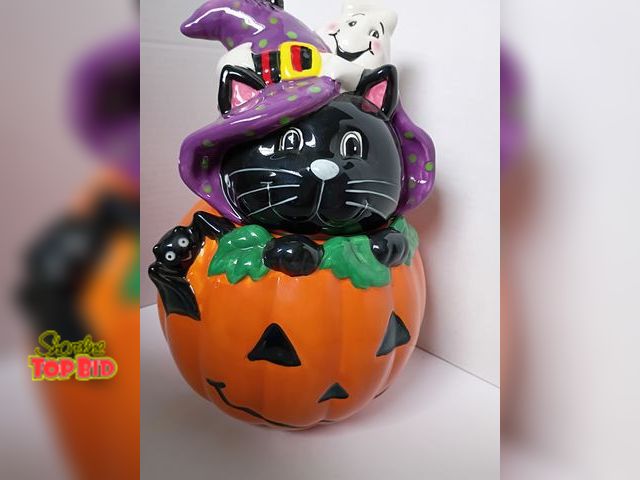 Lot 59-10215 - vintage ceramic Halloween cookie jar featuring a black cat wearing a purple witch hat, a friendly wh...
