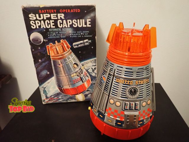 Lot 59-43481 - 1960s Horikawa Japan Battery Operated Super Space Capsule Litho Tin Toy with Pilot in Original Box