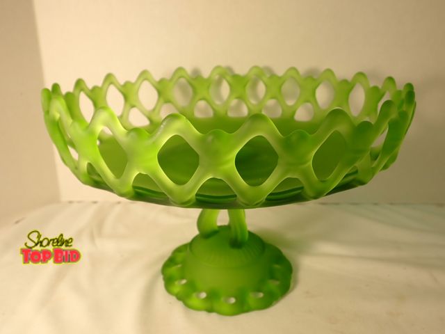 Lot 59-21164 - Westmoreland 1940s Glass Footed Bowl Compote in the "Doric Lace" Pattern, Green Satin Glass "Green M...