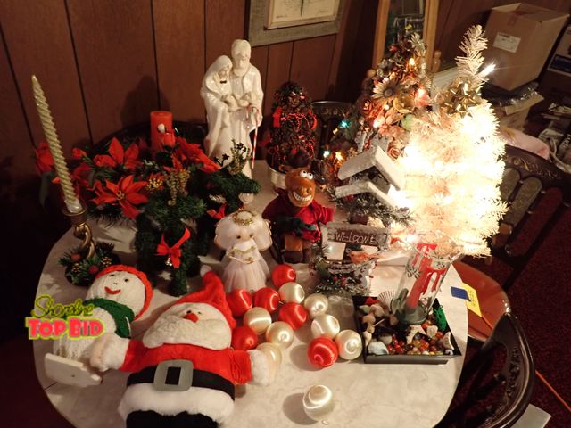 Lot 59-43121 - Vintage Christmas Lot - includes Light Up Trees, Satin Red &amp; White Ornaments &amp; More