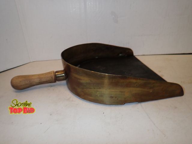 Lot 59-14571 - Solid Brass Coal Dust Pan-Style, Very Heavy Gauge, Painted Bottom, Wooden Handle, 14" long x 9" Open...