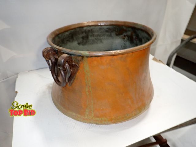 Lot 59-10277 - Ca. 1880-1920,  Heavy Gauge Turkish Copper Cauldron, Hand-forged iron handles, with rolled rim, 17' ...