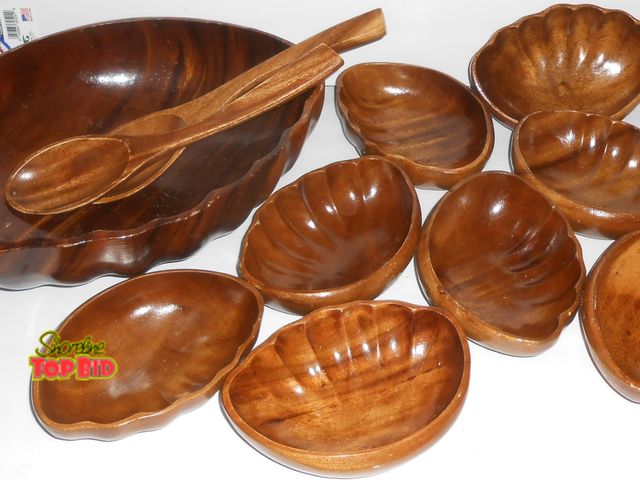 Lot 59-74256 - vintage mid-century modern monkey pod wood "seashell" or "clam shell" salad 11-piece set