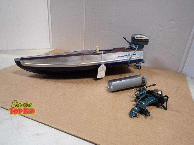 Lot 59-20083 - 1950s Aluminum Arkansas Traveler 17" Model Speed Boat with Battery Operated Motor with Extra Parts M...