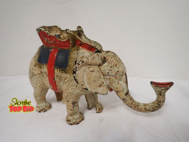 Lot 59-10170 - 1930s Mechanical Antique Hubley "Howdah" Pull Tail Cast Iron Bank, Working, Original