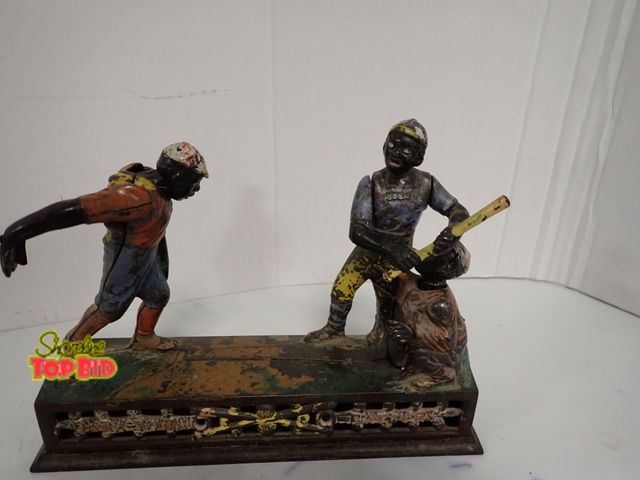 Lot 59-10159 - 1880s Dark Town Battery Cast Iron Mechanical Baseball Coin Bank Black Americana 7 1/2" x 10" Working
