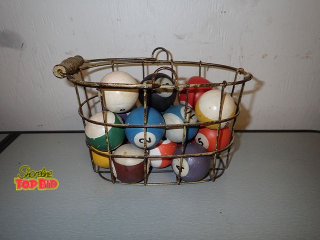 Lot 59-30127 - Rare Antique Wooden Pool Balls, Total 16 Balls in Very Cute Antique Wire Basket with Wooden Handle -...