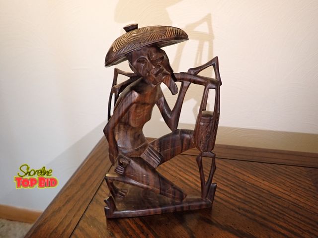 Lot 59-43074 - Vintage Carved Farmer Fisherman Figurine, Wood, The Rice Statue