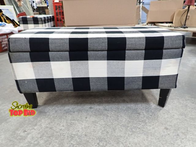 Lot 59-43209 - Large Decorative Black Plaid Storage Bench, Needs Cleaning - 18" x 36" x 16"