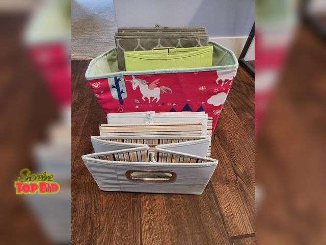 Lot 59-97004 - Lot of 7 fabric bins. Great for cube shelves. Foldable 3 gray, 1 green, 2 half-size blue, and 1 non-...
