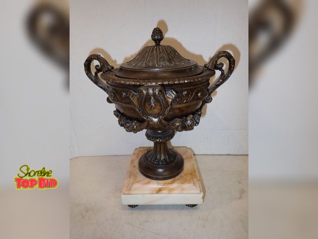 Lot 59-14556 - Antique Neo-Classical Lidded Urn Ca. 1900 Cast Bronze on Marble Base 11" x 9"
