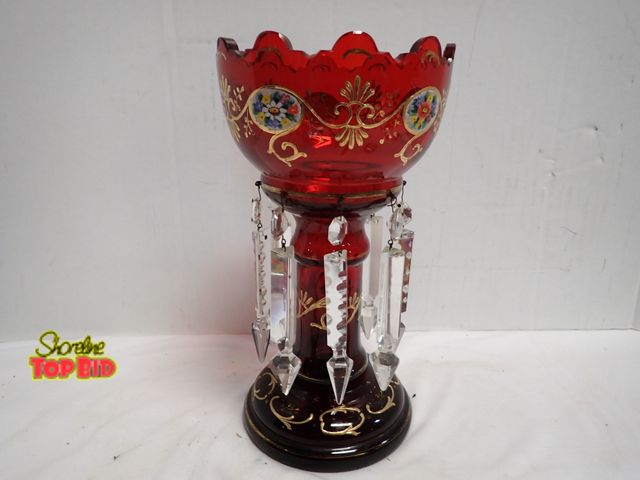 Lot 59-14053 - Antique Bohemian Cranberry Glass Mantle Luster, Specifically a Garniture Piece from the 19th Century...
