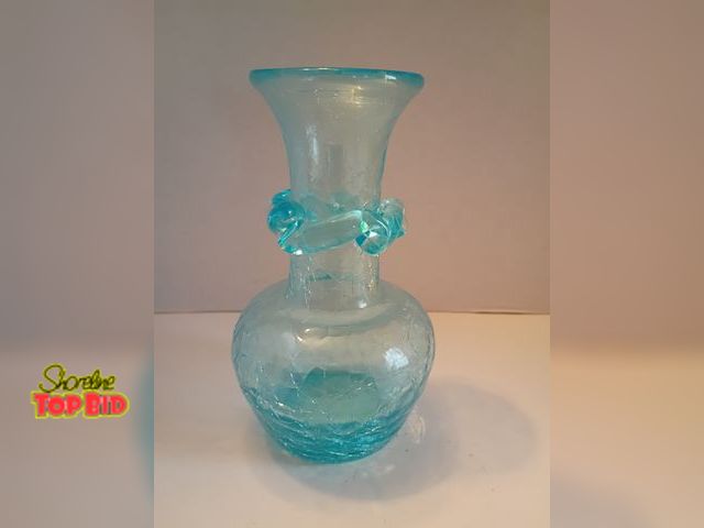 Lot 59-10212 - Pilgrame glass crackle vase . Light blue, 5.5 inches tall , 2.25 inch base ( measurements approximat...