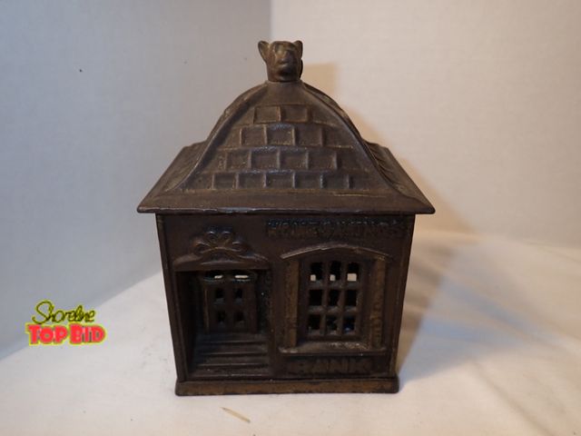 Lot 59-13092 - Antique Cast Iron "Home Savings Bank" Circa 1891 by J &amp; E Stevens, Dog Head Finial, Value $80 - ...
