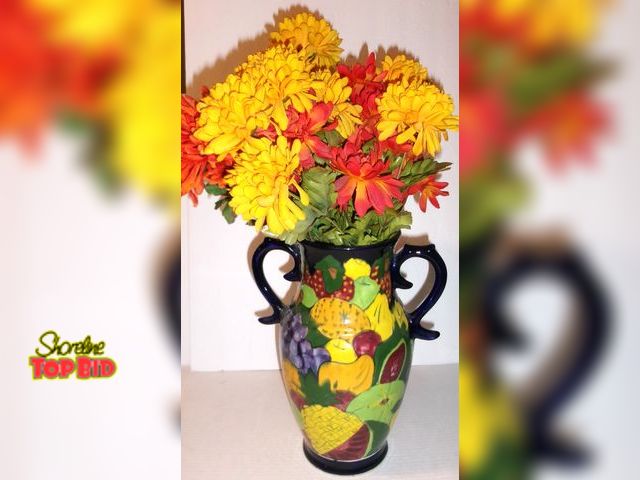 Lot 59-74553 - Beautiful Mexican ceramic two-handled vase featuring a vibrant, hand-painted fruit and grape motif i...
