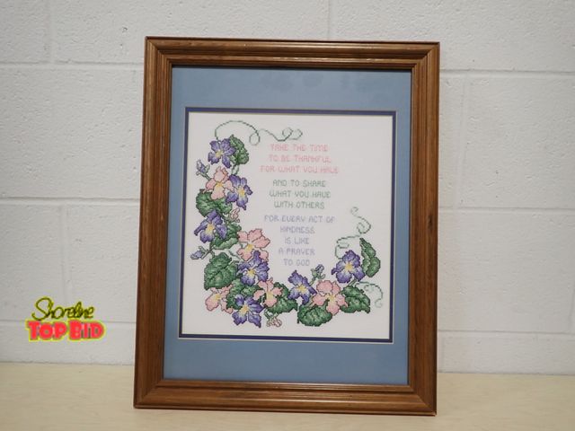 Lot 59-33193 - Framed Handmade Floral Cross-Stitch featuring Inspirational Quote about Kindness and Gratitude 20 1/...