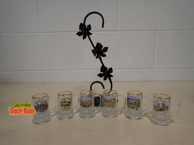 Lot 59-41041 - German City Shot Glasses with Decorative Wrought Iron Display Stand