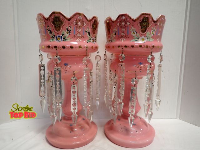 Lot 59-14059 - Pair of Exquisite Antique Victorian Pink Cased Glass Mantel Lusters, Adorned with Hanging Spear Pris...