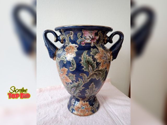 Lot 59-43453 - Vintage Cobalt Blue Handled Vase in the Satsuma Style, featuring Floral Design with Gold Embellishme...
