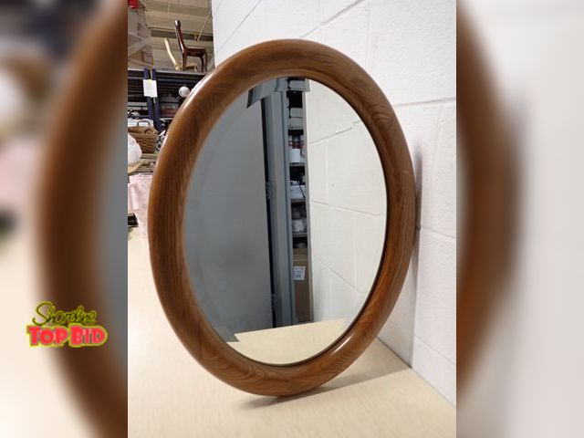 Lot 59-33004 - Oval Solid Oak Frame Mirror, Beveled Glass 22" x 17"