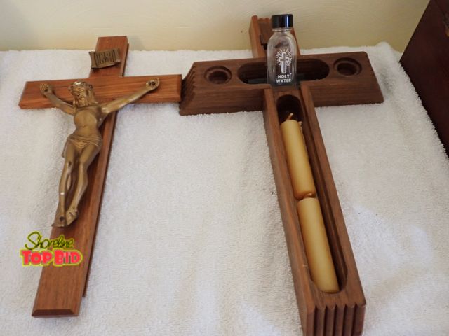 Lot 59-43509 - Vintage Wooden Cross with Hidden Candles Holy Water Glass Bottle