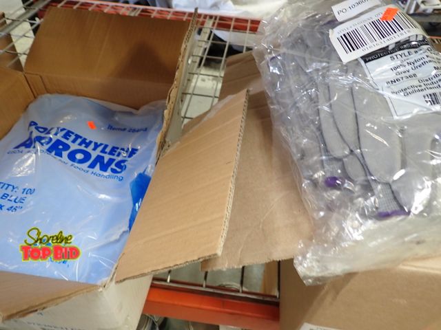 Lot 59-21138 - Box of Extra-Small Work Gloves &amp; Box of Aprons. Benefits YMCA Camp Pendalouan