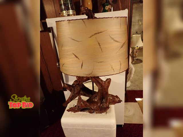 Lot 59-43028 - Rare, One of a Kind Driftwood Mid-Century Table Lamp with Oval Shade, 21" Wide Driftwood